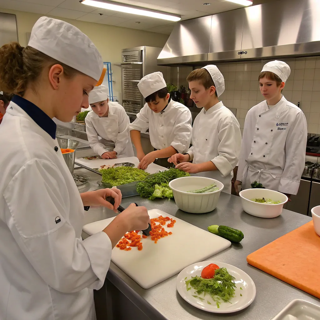 Teens learning cooking skills in a professional kitchen environment