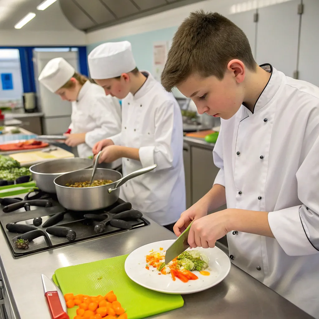 Teen chefs practicing their culinary skills in a professional kitchen environment
